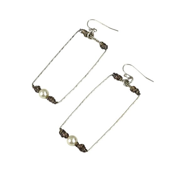 Handcrafted Wire & Pearl Rectangular Dangle Earrings - Picture 4 of 8